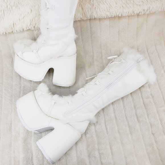 Camel 311 White furry goth punk Platform Knee Boot - Picture 3 of 11